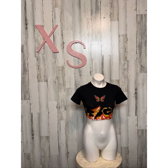 Butterfly Flame Graphic Crop Top Black Stretch Tee Size XS - Picture 2 of 8